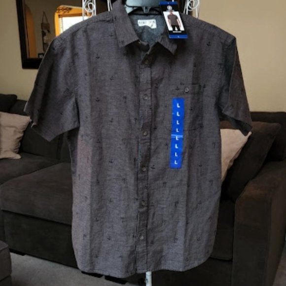 NWT Hang Ten sz large mens button up shirt gray / plan with palm trees - Picture 1 of 2